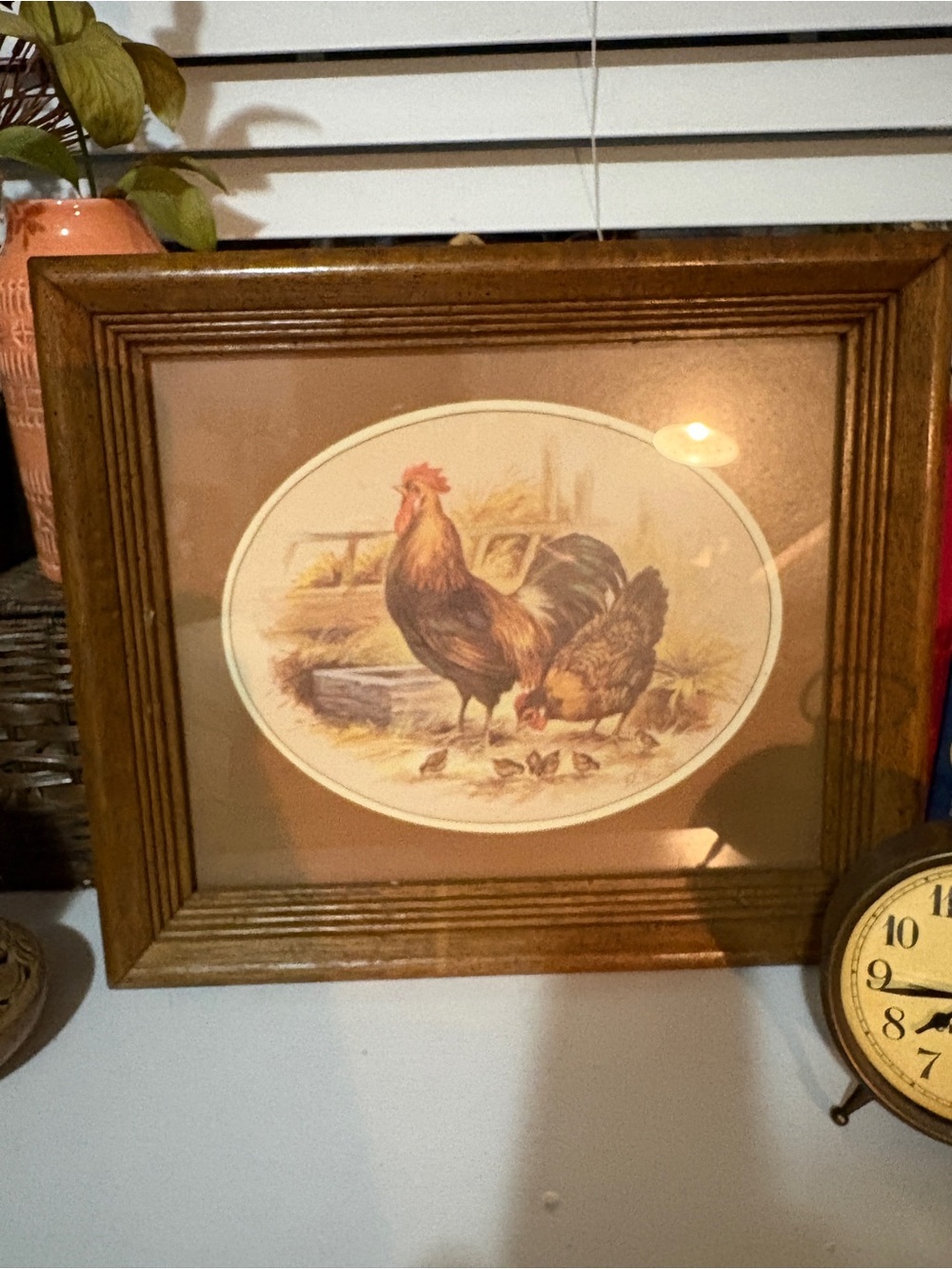 Vintage Rooster & Hen Framed Wall Art - Brown Frame